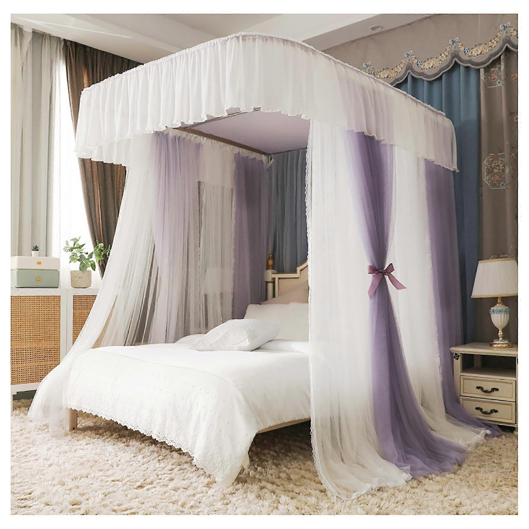 Twin Size Purple Canopy Bed Frame with Double Layer Mosquito Net and Adjustable UShaped Curtain
