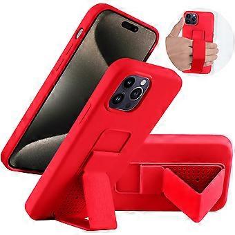 Silicone Kickstand Case with Dual Stand and Grip Strap, Slim Red Protective Cover for iPhone 15 Pro