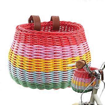 Bike Basket Handlebar Mounted Wicker with Detachable Strap, Gradient Rainbow Design for Kids