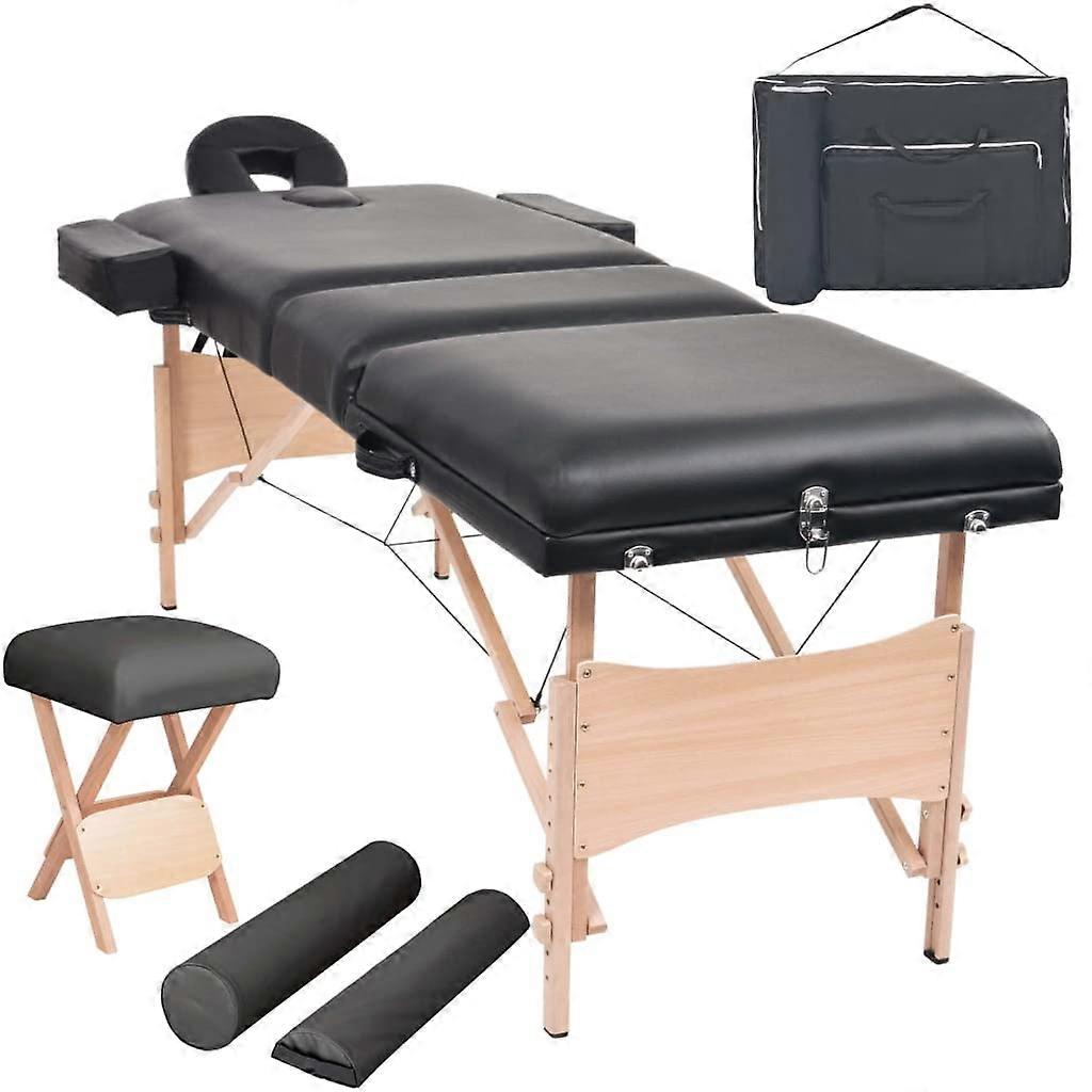 Portable Folding Massage Table Set with Stool, Adjustable Height, Thick Cushion, Black 3Zone