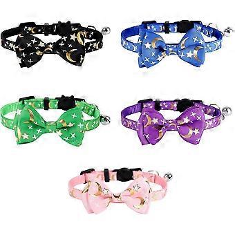 Set of 5 Cat Collars with Bell Cat Collar with Moons Cat Collar with Bell and Bow Tie Cute Bow Tie and Bell