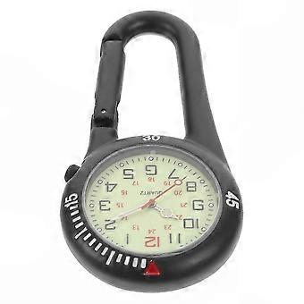 Orologio da tasca al quarzo con illuminazione notturna e clip, design unisex in lega, cassa nera con quadrante bianco, si aggancia a zaini e cinture.