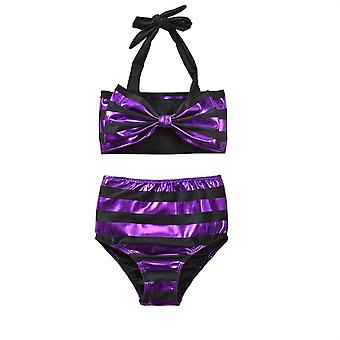 Veeki Infant Baby Girl Bikini Set Shiny Stripes Swimsuit Kids Halter Tops High Waist Shorts Bathing Suit Beachwear, 3-6 Months, Purple