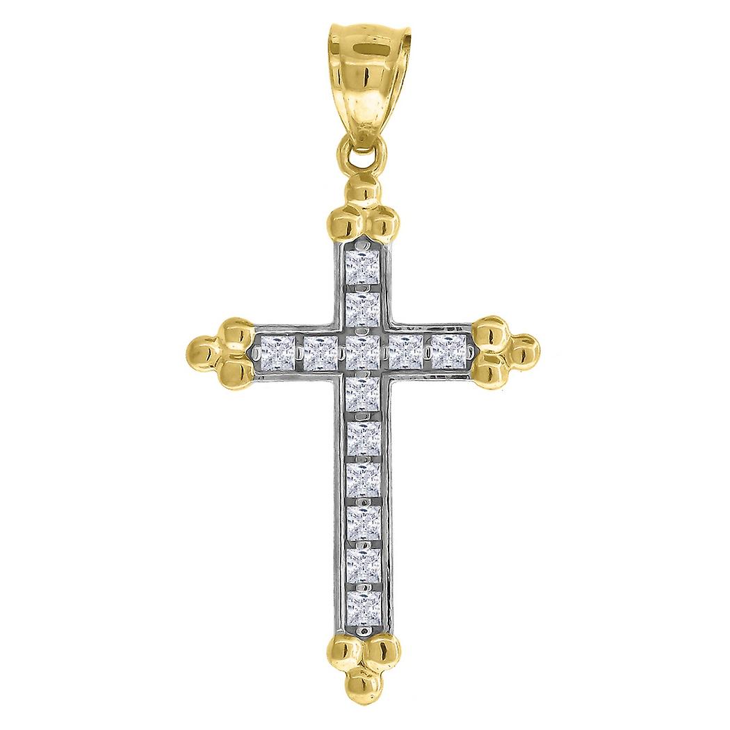 10k Yellow Gold Mens Women Cubic Zirconia Budded Cross Religious Charm Pendant 39.8x20.7mm Wide Necklace for Men