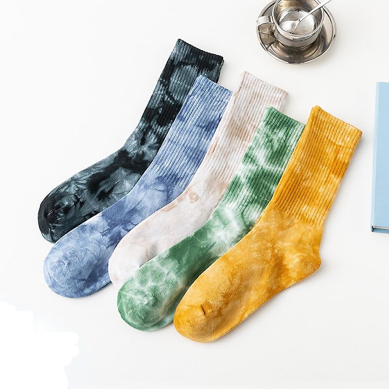 5 Pairs Trendy Adult Men's Socks Plus Size Mid-high Tube Tie-dye Flat Panel Breathable Sweat Absorbing
