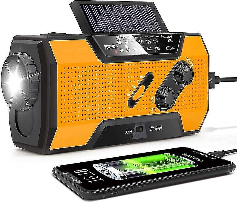 Emergency weather radio, portable mobile power supply with solar charging, hand crank and battery po