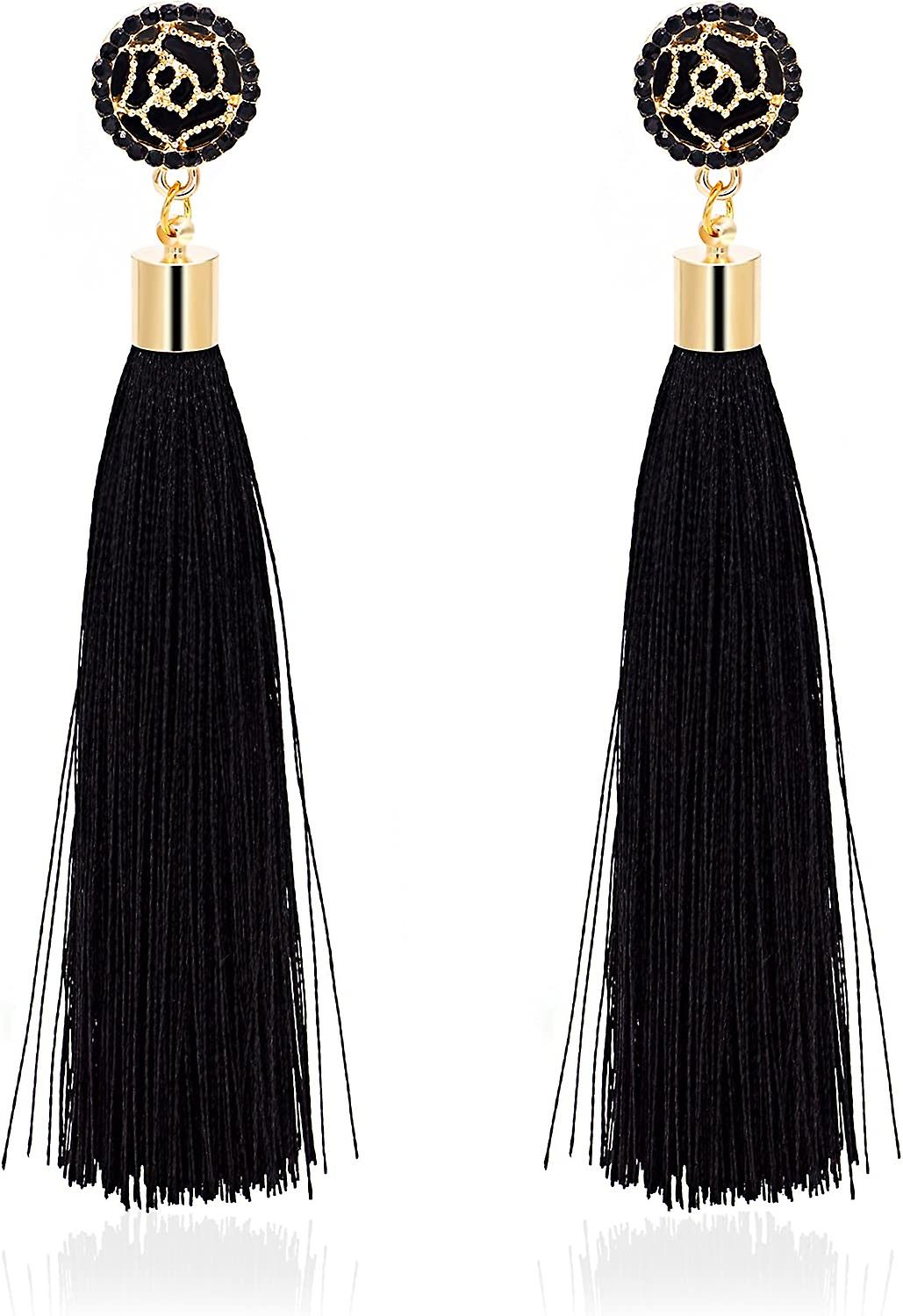 Rose Flower Long Thread Tassel Drop Pendientes, Boho Tassel Statement Pendientes