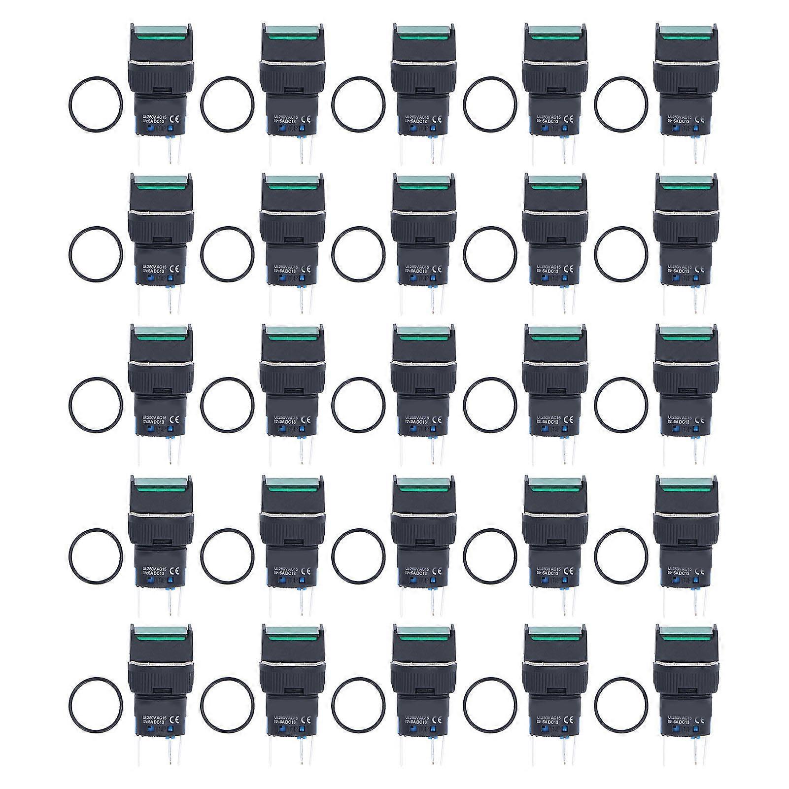 25pcs Push Button Switch Momentary Self Locking 16mm Square With Light Set Kit 12vgreen