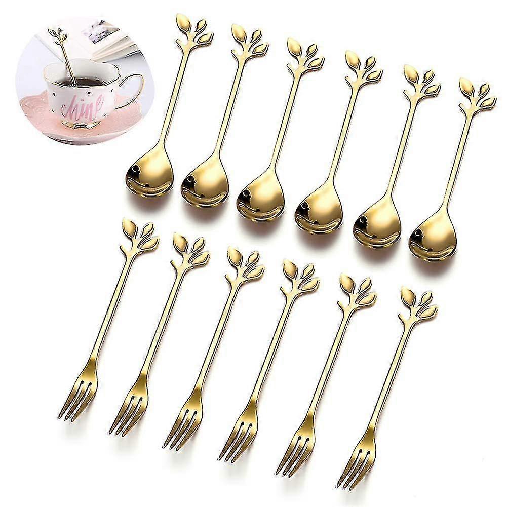 Stainless Steel Coffee Spoon Dessert Fork/leaf Retro Spoon Fork Set/cocktail Tableware/12pcs