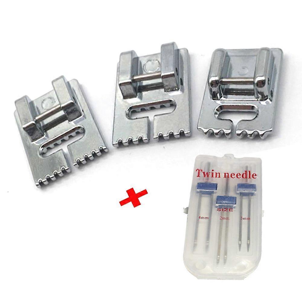 3 Pcs Double Twin Needles Pins (3 Size Mixed 2.0/90 3.0/90 4.0/90) With 3Pcs Groove Pintuck Presser