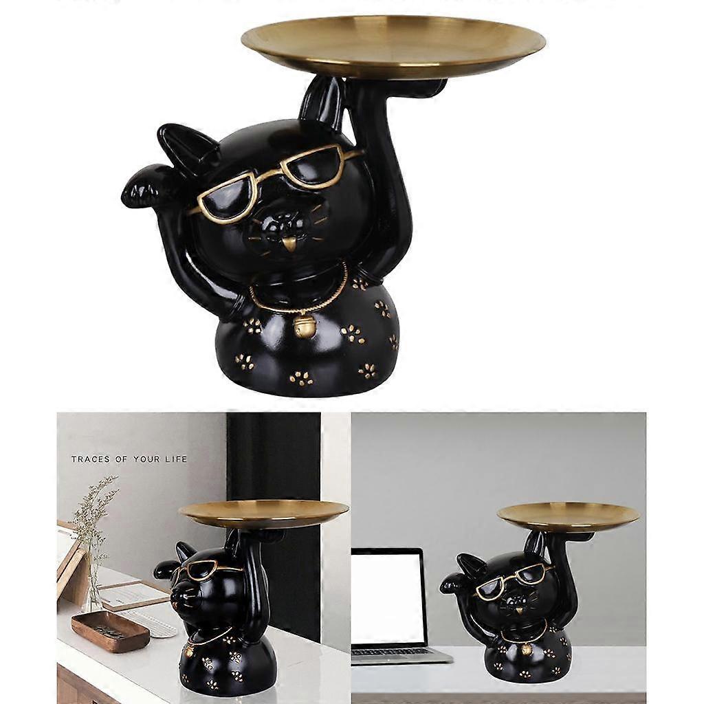 Nordic Style Cat Figurine Sculpture with Tray for Keys, Phones, Candies Blue