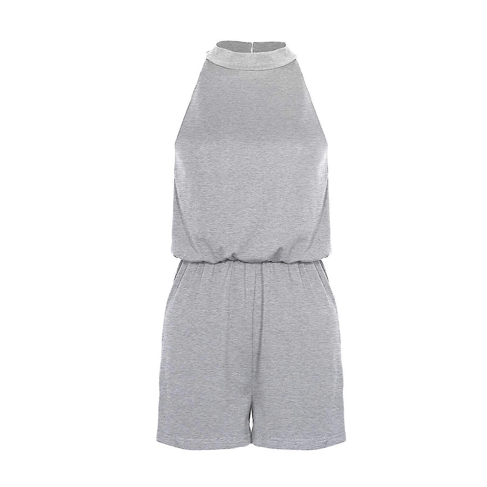 Women's Summer Romper Halter Neck Sleeveless Light Gray XXL with Open Back and Button Closure