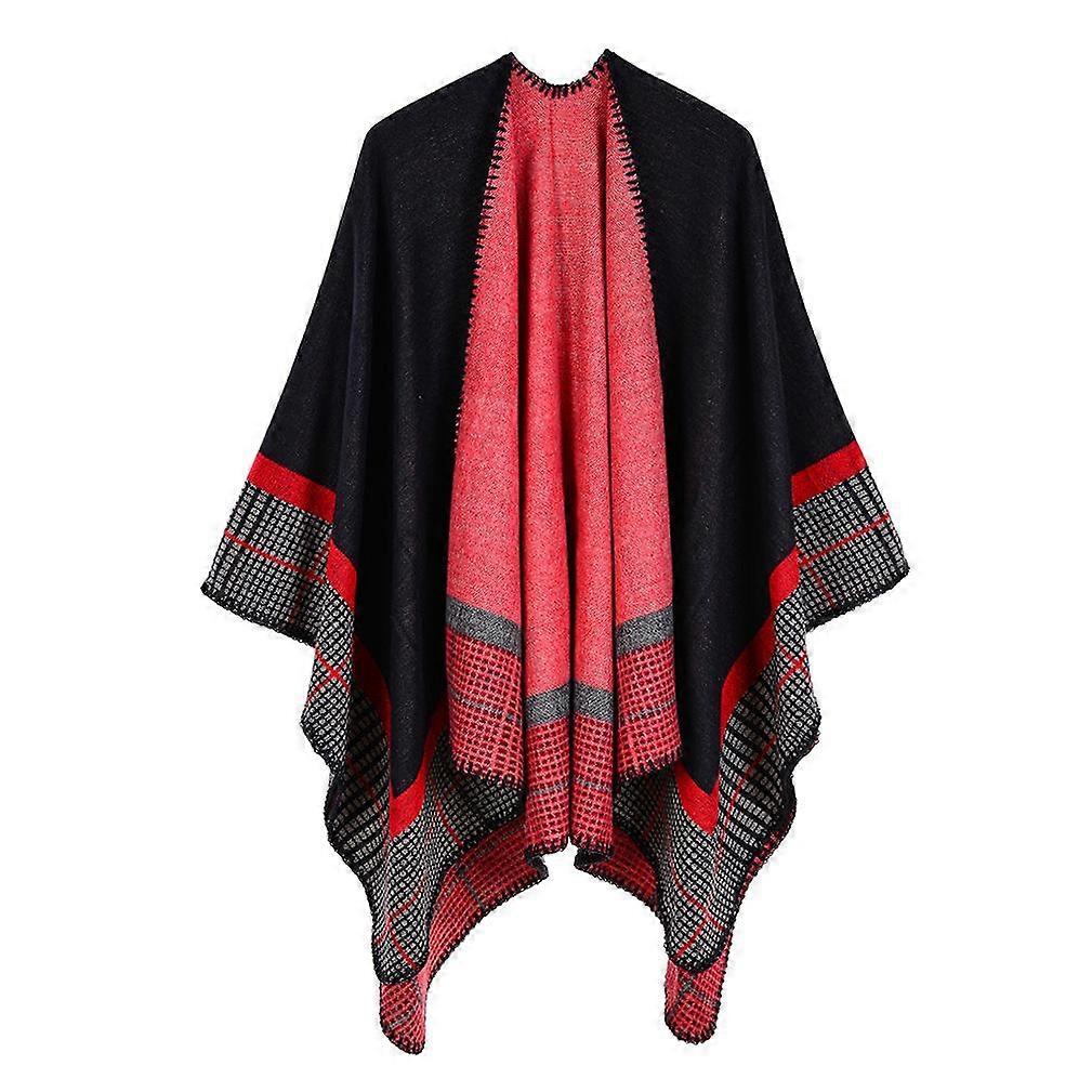 Cashmere Feel Poncho Dual Colored Shawl Wrap with Open Front Long Sweater Coat for Lady