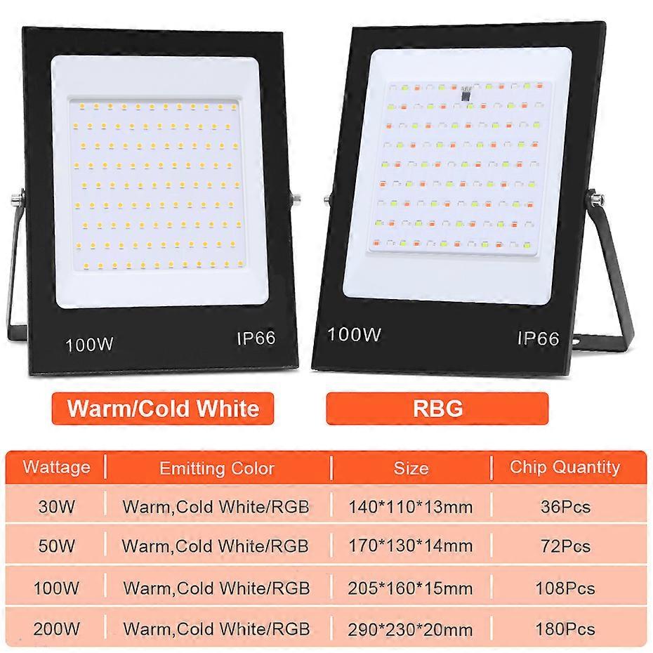 30W 50W 100W 200W RGB Led Flood Light or Warm /Cold White Led Floodlight IP66 Waterproof Wall Sportlights AC220V Outdoor Lamp