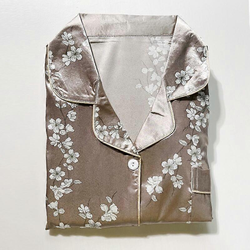 Damen Seidensatin Pyjama Set Langarm Zweiteilig Pj Sets Nachtwäsche Loungewear Button Down Blumendruck Pyjama