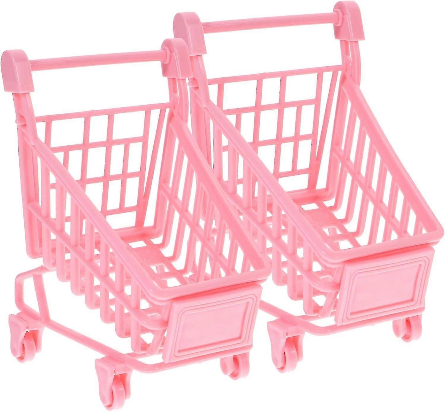 2個ミニショッピングミニスーパーマーケットトロリーかわいいスーパーマーケットカート小さな口紅バスケットカートおもちゃハンドカートピンク、ピンク2個、12X8CM