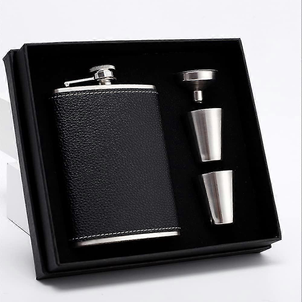 ステンレスヒップフラスコギフトセット用8オンスヒップフラスコ、ブラックレザーカバー付きポータブルスチールヒップフラスコ、2カップ&ファンネル、ウイスキー&ラム&ウォッカ付き酒用