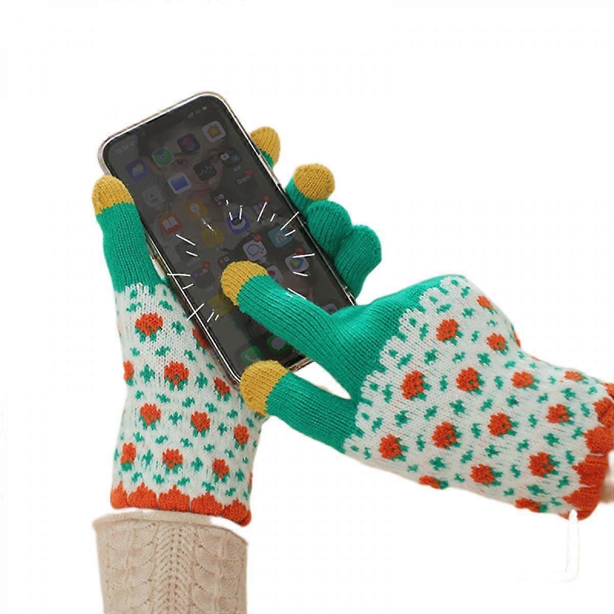 Touch-Screen Gloves Female Autumn and Winter Hundred Hitch Students Cute Five-Finger Wool Knitting Warm Ride