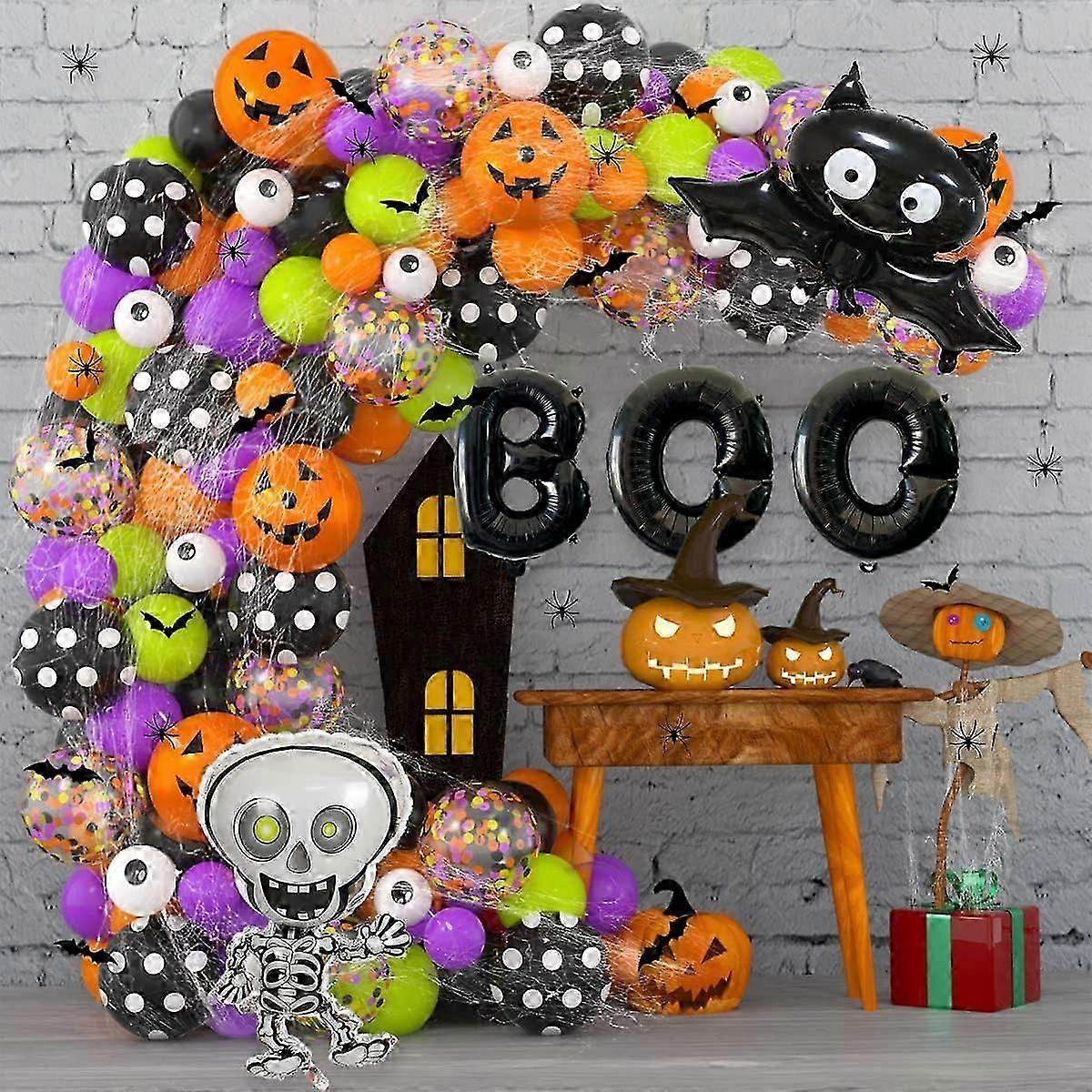 ハロウィンバルーンガーランドキットブーバルーンブラックパープルグリーンレンジアイラテックス紙吹雪バルーンバットホイルバルーンアーチステッカー傷跡用クモの巣セット