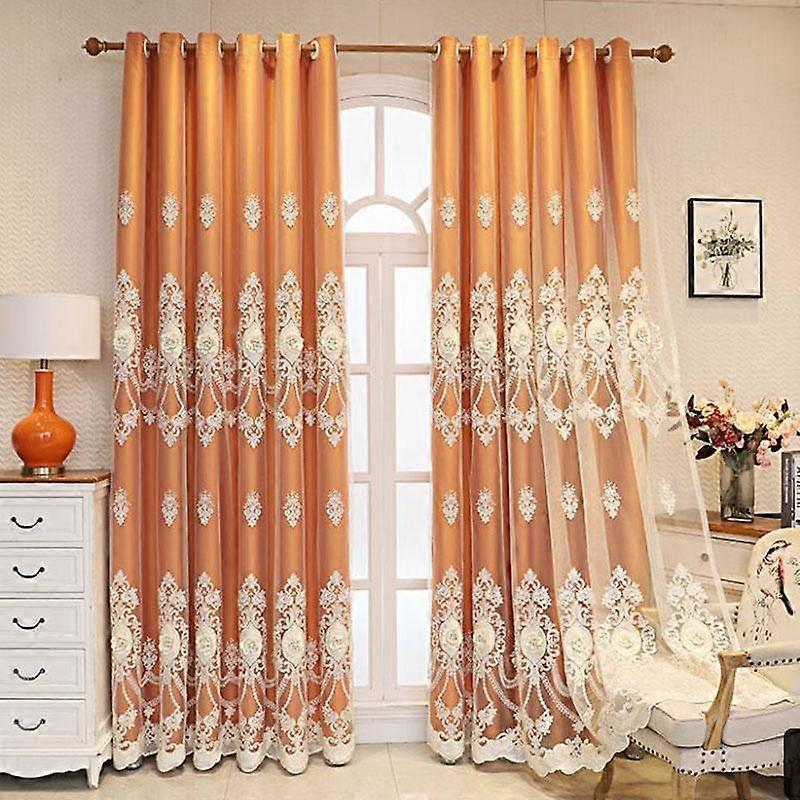 Curtain European style Double-layer Thickened Curtain Shading Yarn Living Room Bedroom Home Embroidered Double-opening Sunshade Curtain Rod
