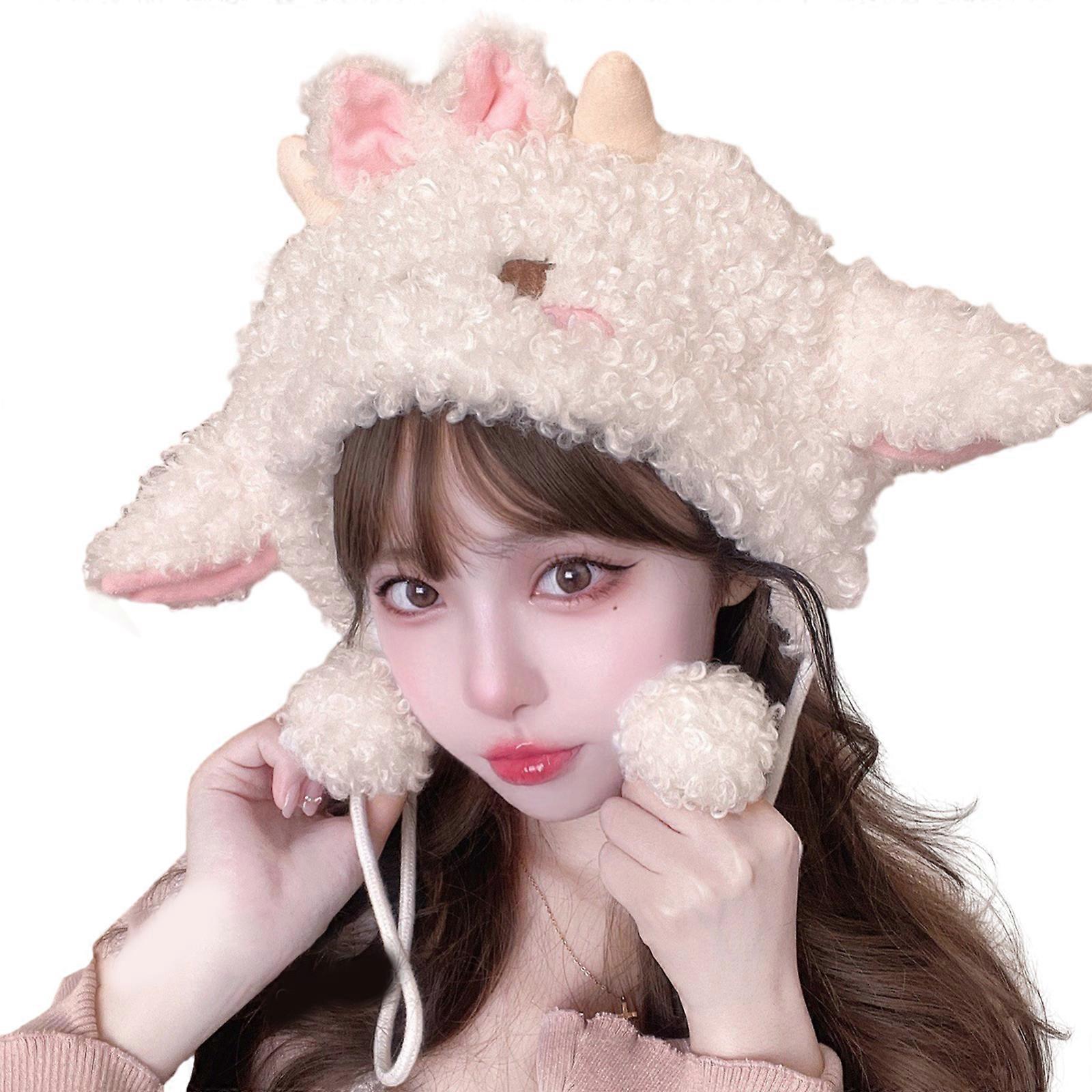 Cute Furry Lamb Girls Warm Winter Cartoon Animal Cosplay Headdress Pink Ear Faux Lamb Painter Hat with Blush  White