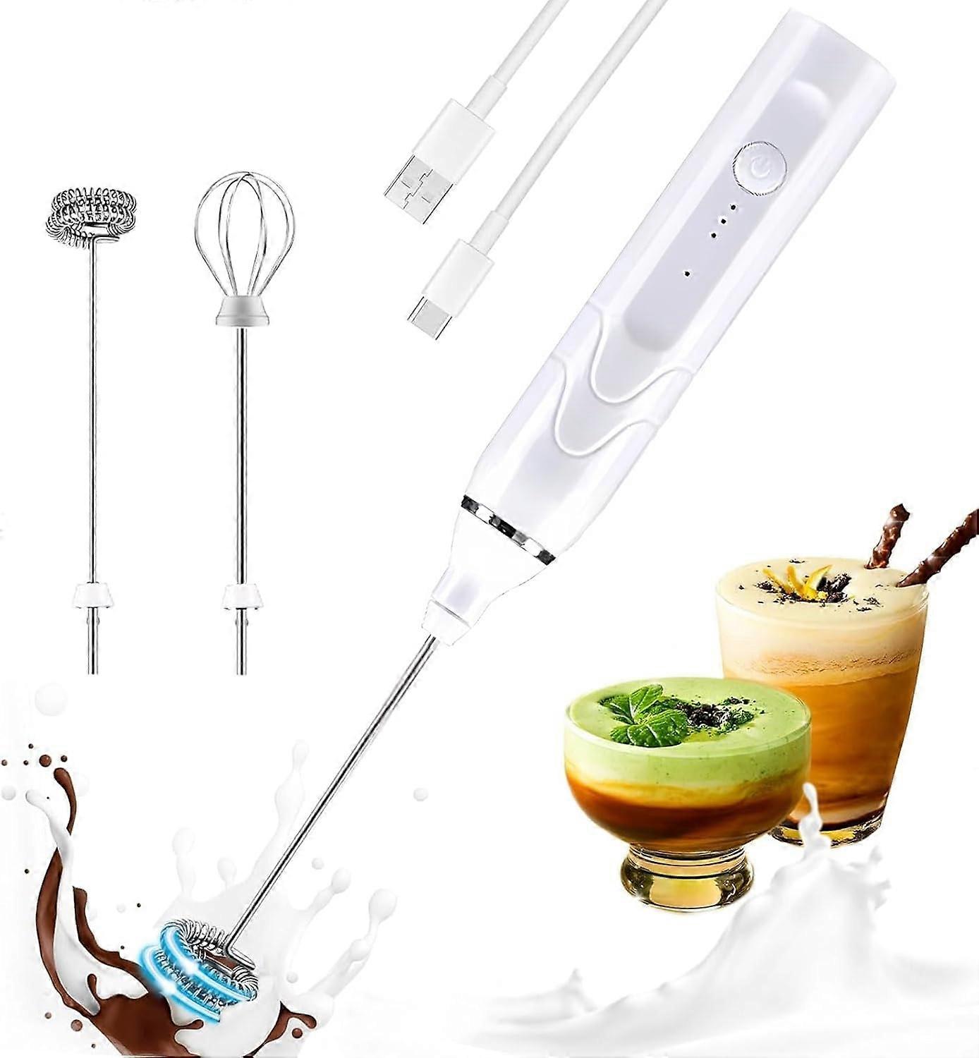 Rechargeable Milk Frother Handheld 2-Head White Electric Whisk For Latte Cappuccino Hot Chocolate Egg 3-Speed Adjustable