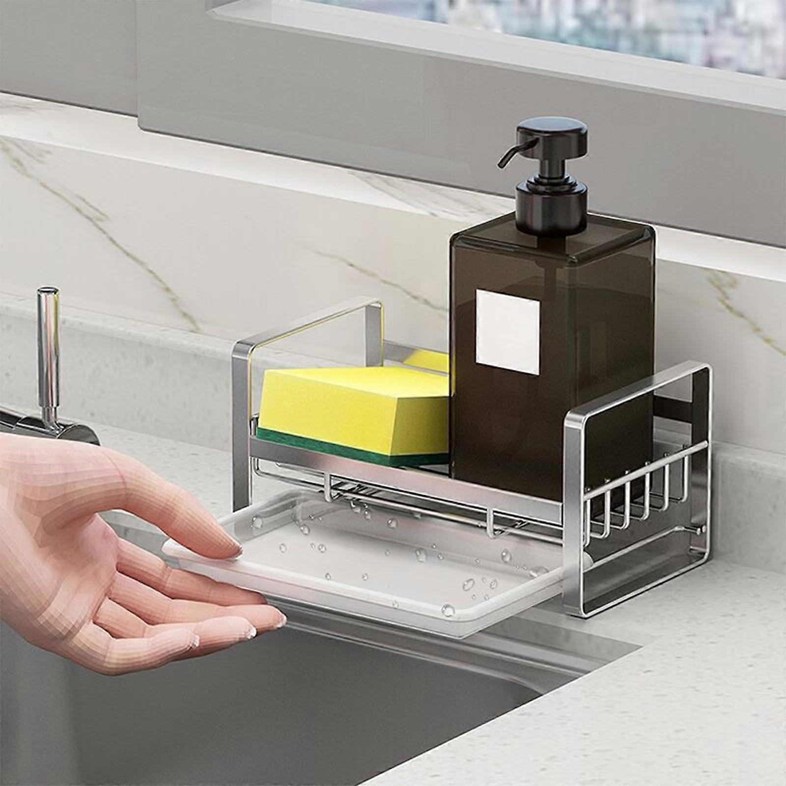 Kitchen Sink Organizer - Carbon Steel Wall Mounted Towel Rack with Removable Drip Tray, Sponge Holder & Dishcloth Storage