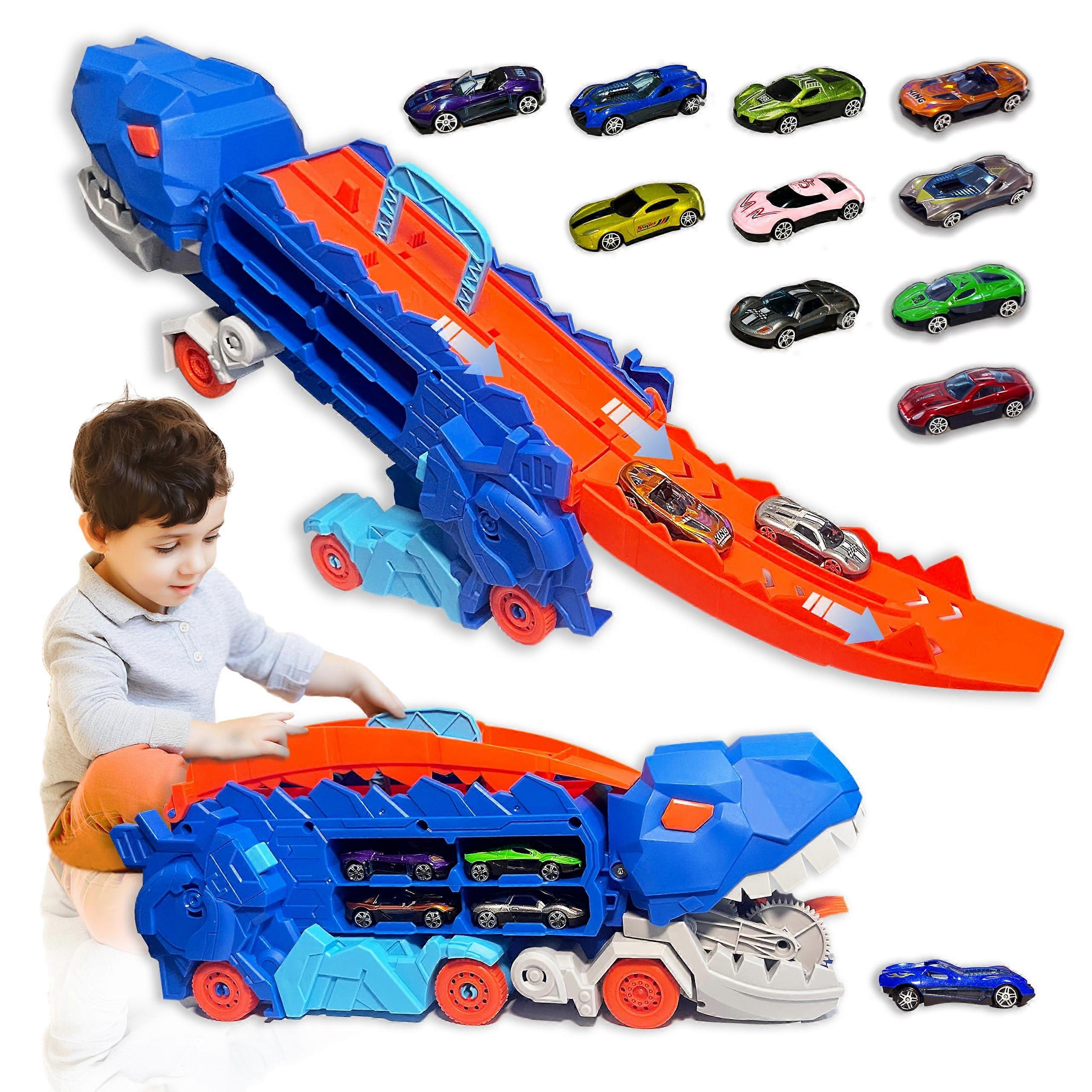Dinosaur Transport Truck for 3 4 5 6 Years Old ,Carrier Truck with Foldable Sliding Track and 12 Cars,Transforms Into Trex,Ideal Gift
