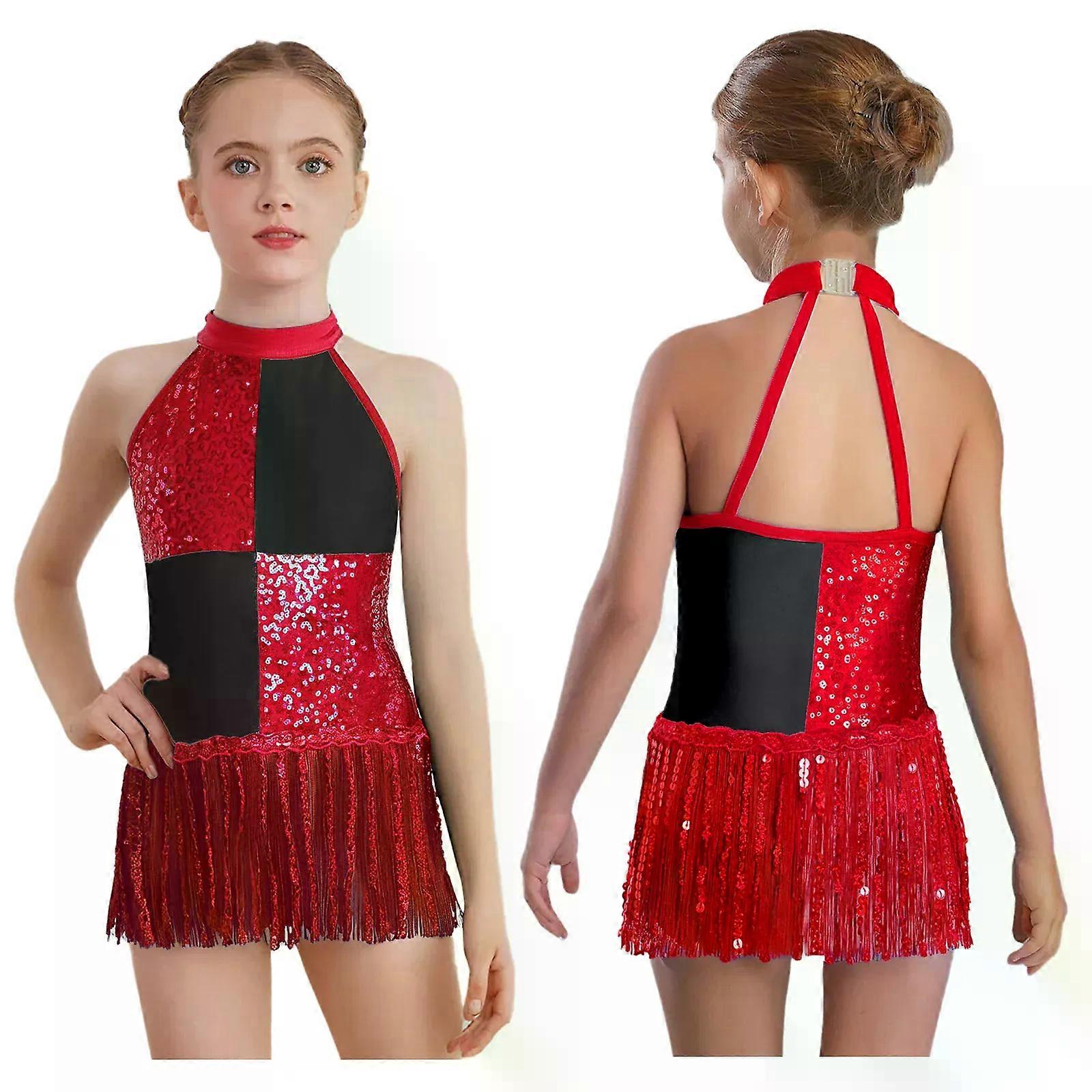 Lapset Tytöt Latinalainen tanssi Mekko Cha-cha Samba Tango Luistelu Voimistelu Trikoot Hihaton riimu Kiiltävät paljetit Tupsu Body