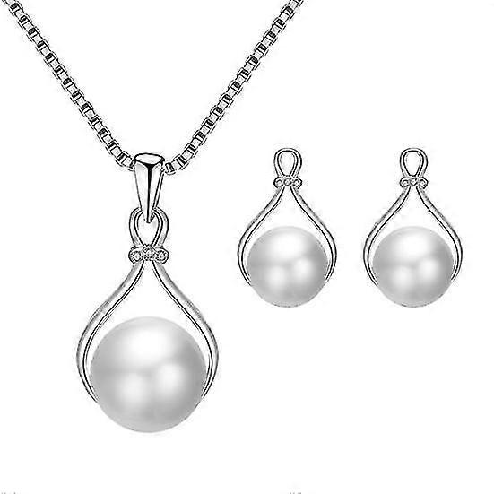 Water Drop Shape Faux Pearl Pendant Earrings Necklace Wedding Bridal Jewelry Set