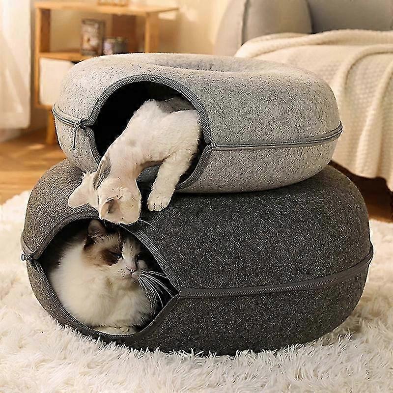 Round Donut Bed for Cats with Zipper, Natural Felt Rabbit Cave Nest and Interactive Pet Tunnel Toy