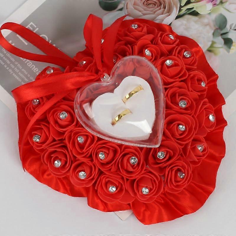 Wedding Ring Cushion, Romantic Heart Shaped Ring Holder Roses Red