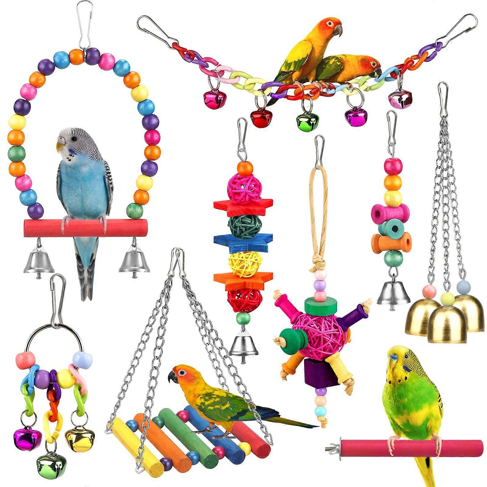 Parakeet Bird Toy With Colorful Ladder Hammock, Cage Stand, Chew Toy And Hanging Bell - For Parrot Parakeet Cockatiel