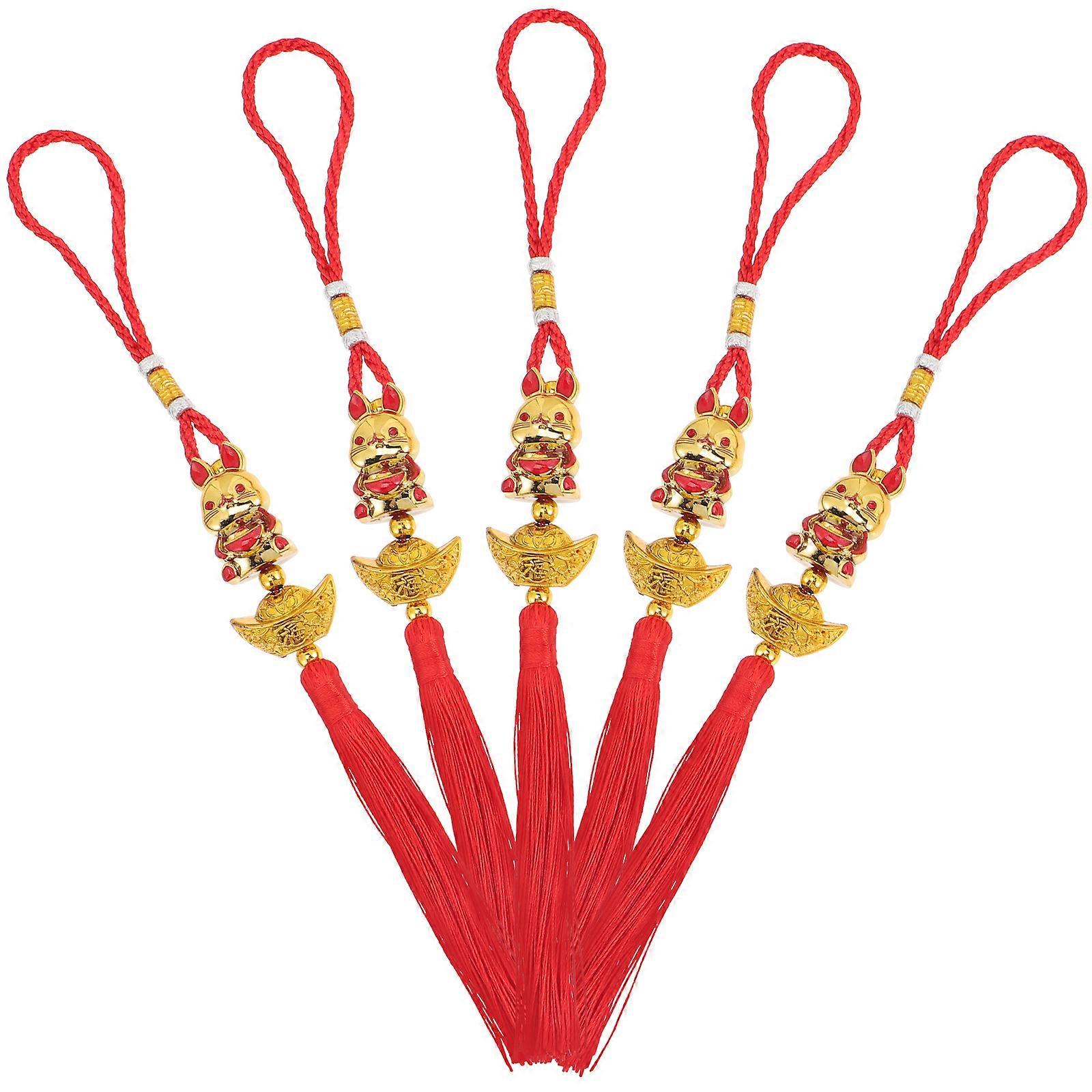 New Year Ornaments Chinese Tassel Pendant Rabbit Shape Car Interior Hanging Decor 32x3cm Polyester Plastic 5Pcs