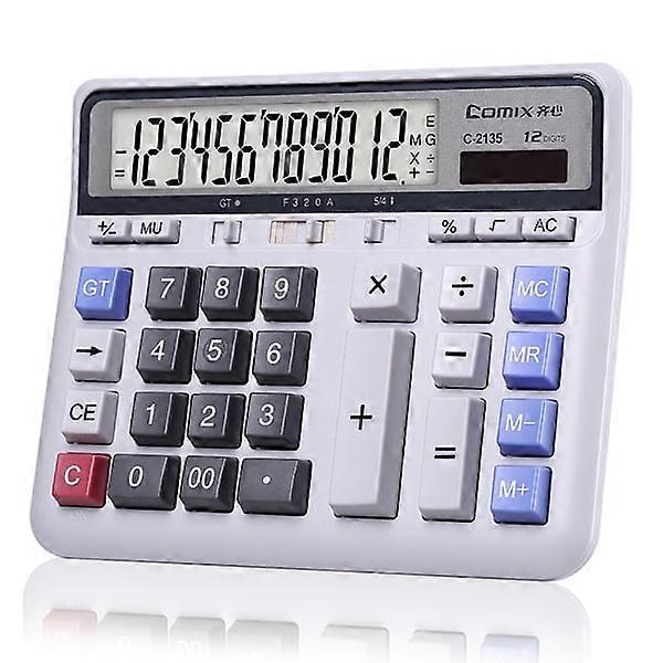 12-digit desktop calculator with large LCD screen, sensitive buttons, solar & battery
