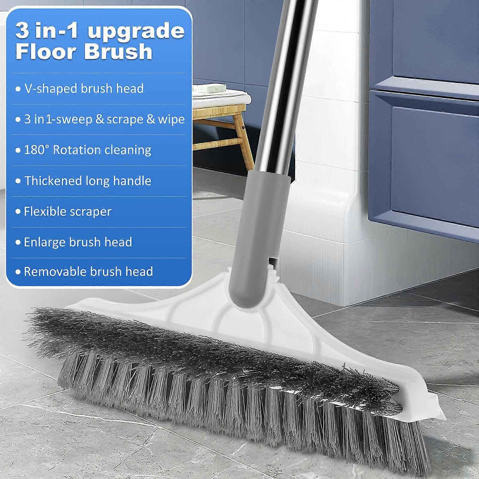 Floor Brush with Long Handle for Cleaning Sweep Scrape Wipe 3 in 1 Stainless Steel Multi Color 180° Rotating Head