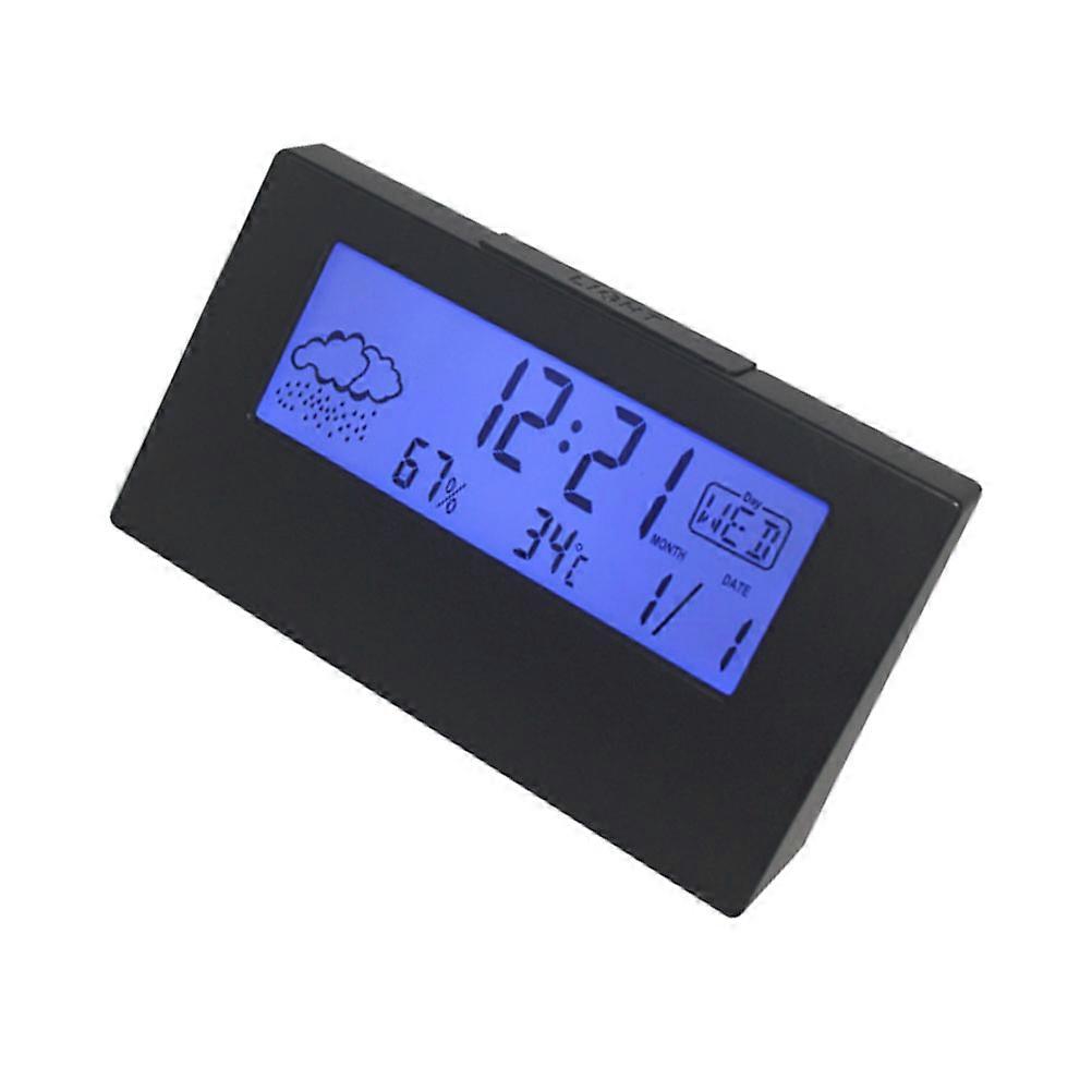 LCD Weather Display Digital Alarm Clock with Temperature & Humidity, Multi Function Desktop Clock for Students, Easy Snooze, Black Design