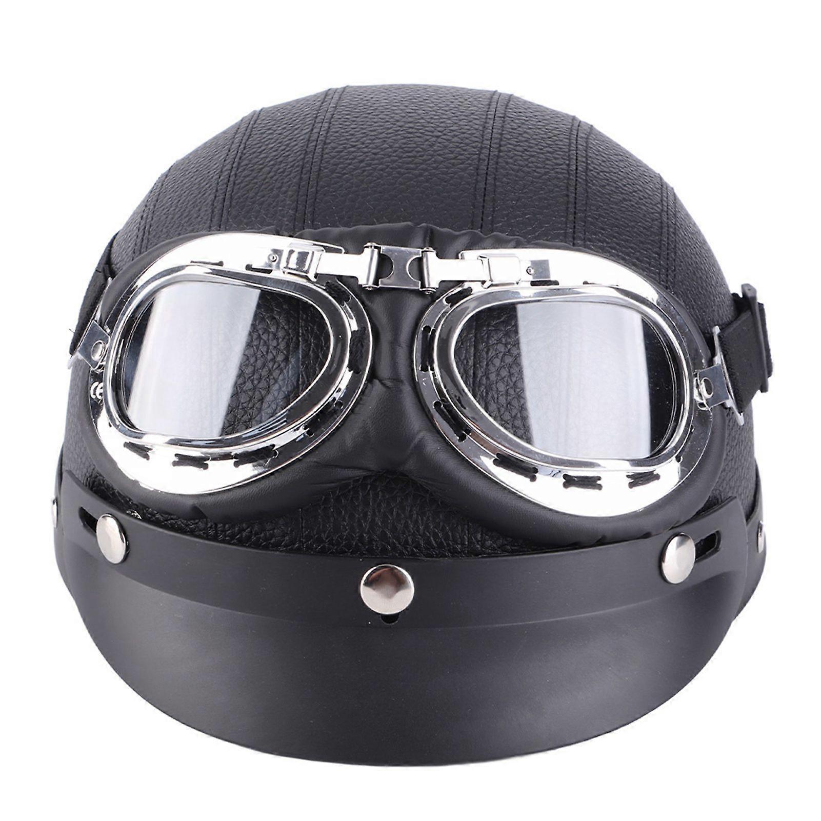 Universal Motorcycle Scooter Synthetic Leather Open Face Half Helmet & Visor UV Goggles Black