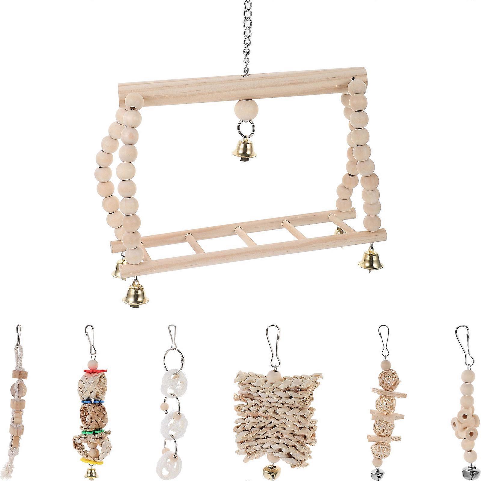 Natural Wood & Rope Parrot Chewing Set with Swing and Hammock for Budgies, Cockatiels, and Parakeets – Fun Play and Stress Relief Bird Accessories