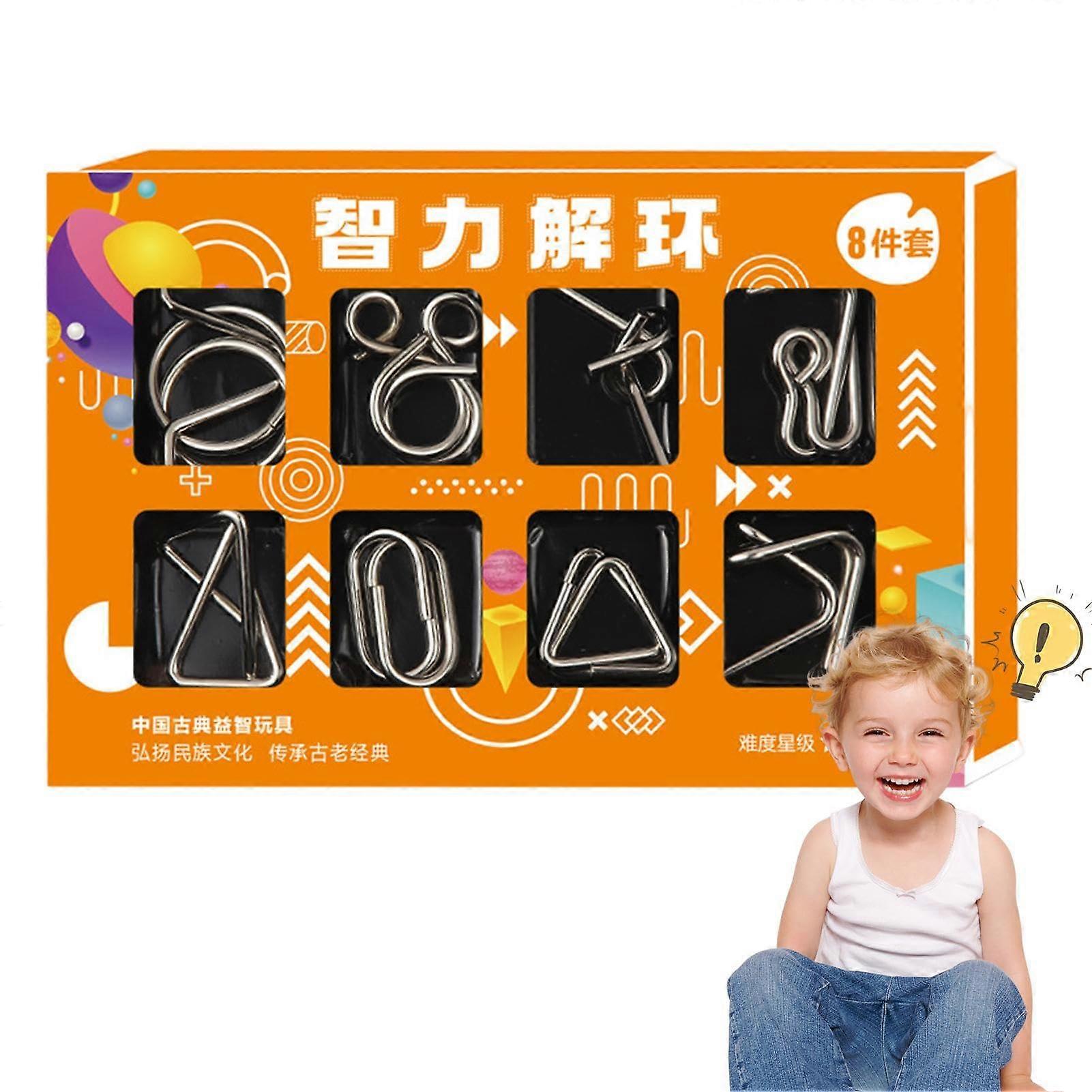 Metal Wire Puzzles 8Piece Mind Logic IQ Game Iron Link Unlock Interlock Game Brain Teaser Orange Box