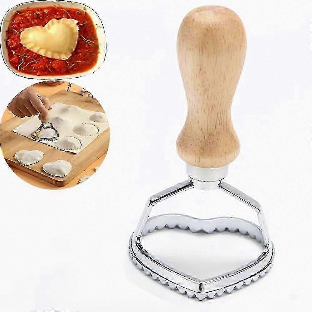 Fluted Edge Ravioli Cutter with Wooden Handle for Heart-Shaped Pasta Stamps