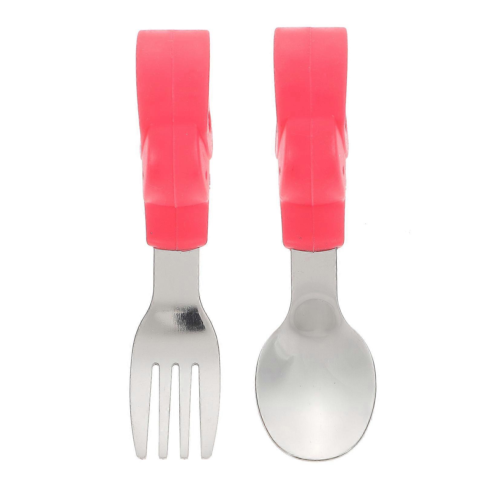 Baby Dinning Training Set with Stainless Steel and Silicone Spoon and Fork Red Cartoon Design 2pcs