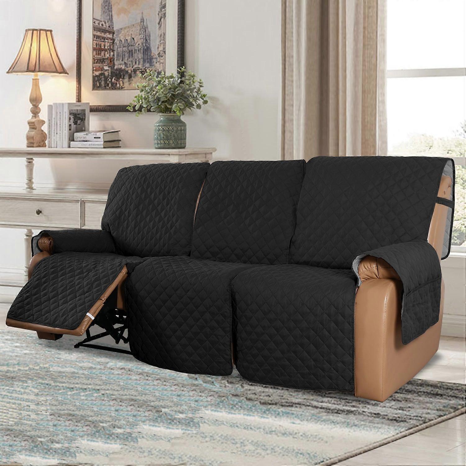 Recliner Sofa Cover For 1/2/3 Seater With Pocket, Slipcovers Reversible Washable Elastic Adjustable Strap For Home,black