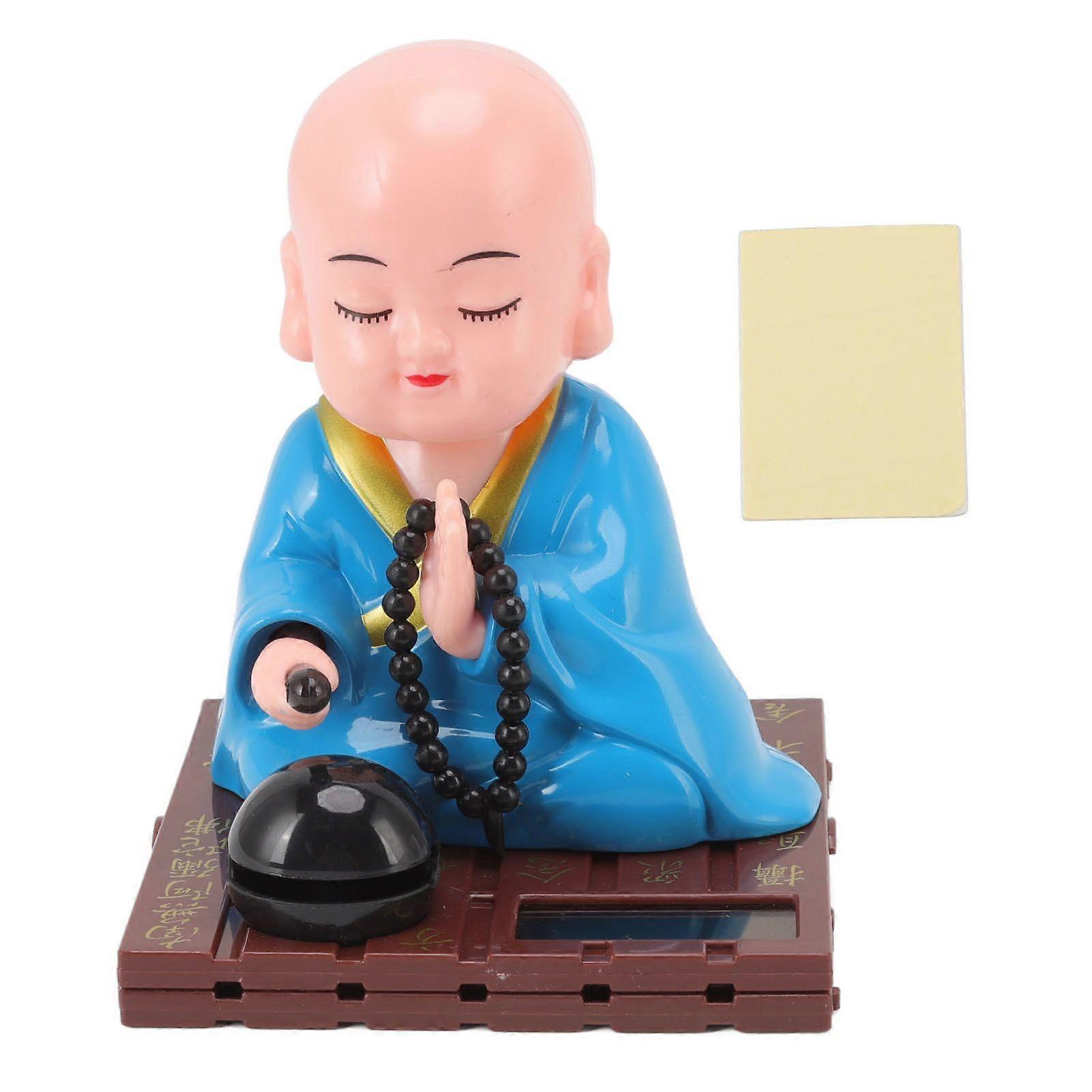 Small Buddhist Monk Solar Ornaments Light Energy Sensing Automatic Nodding Knocking Monk Decoration for Office Home Car Gift Blue