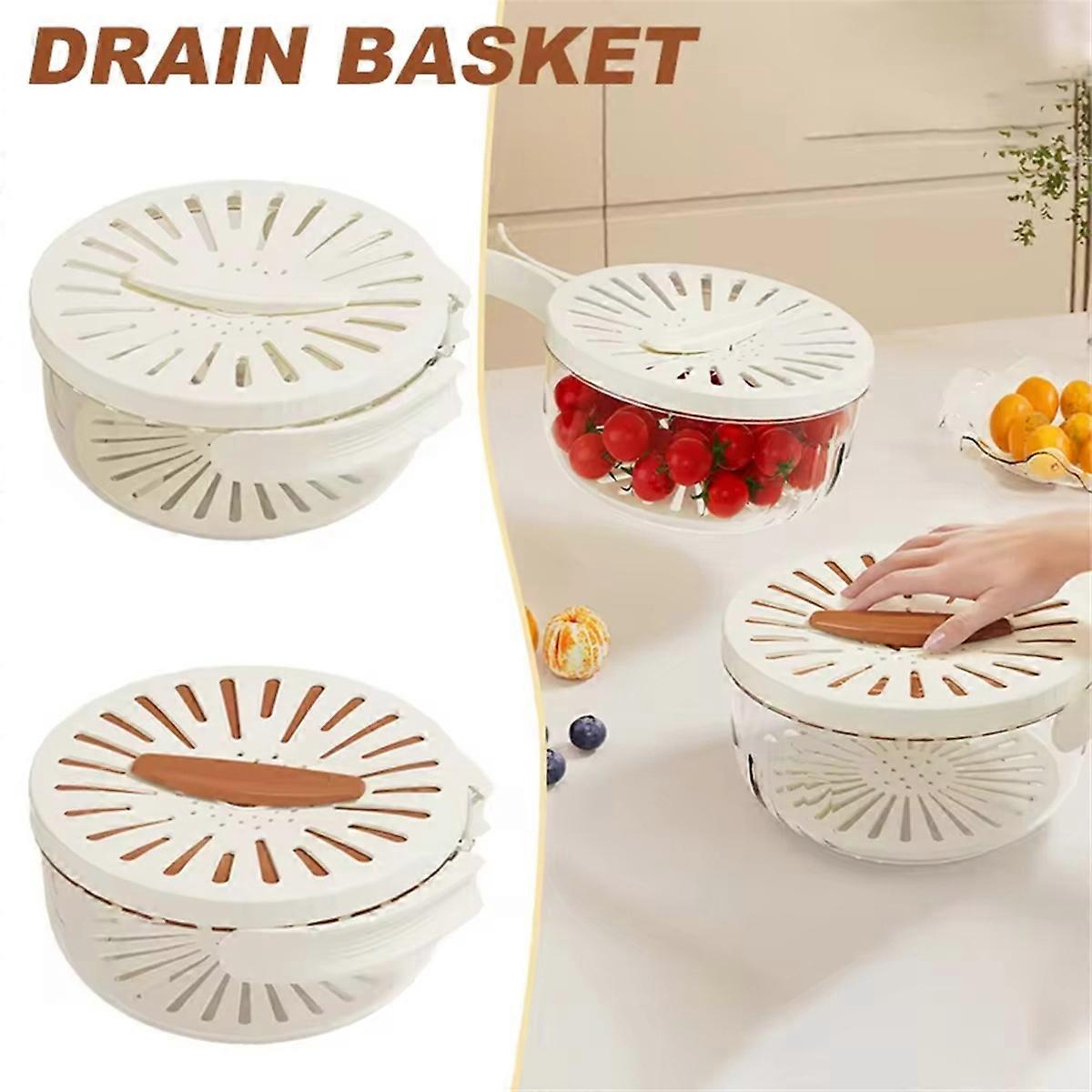 Fruit Drain Basket with Lid Vegetable Washing Bowl Foldable Handle