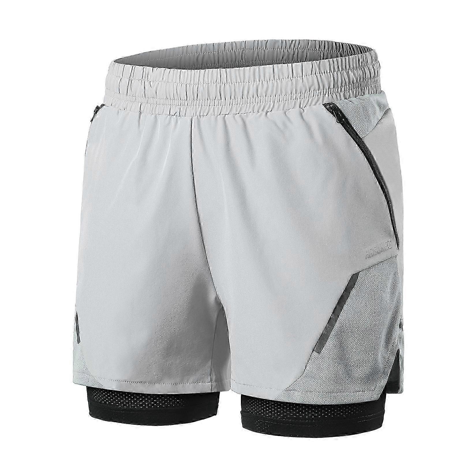 2-in-1 Men Running Shorts With Zipper Pockets Quick Dry Exercise Shorts For Training Gym Workout