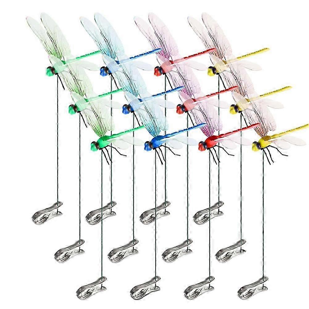 12 Stück künstliche Libellen-Stange Clips für 3D-Libellen-Dekor-Gartenarbeit, 3D-Libellengarten-Dekorationsclips