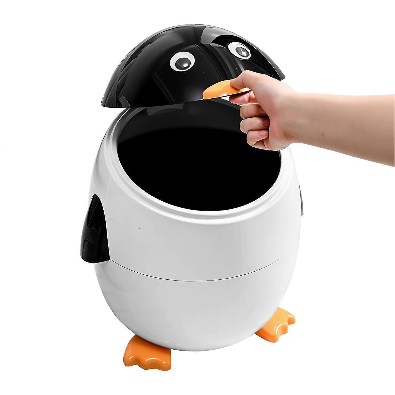 Trash Can Penguin Shaped Desk Garbage Can, Compact Waste Basket, Black And White, Home Office Tabletop Under Desk