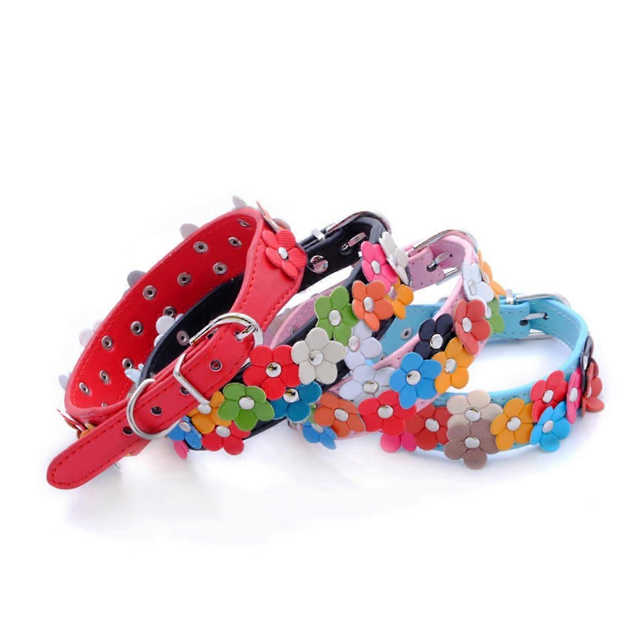 Christmas Dog Collar Adjustable PU Leather D Ring Flower Decor Size S Red