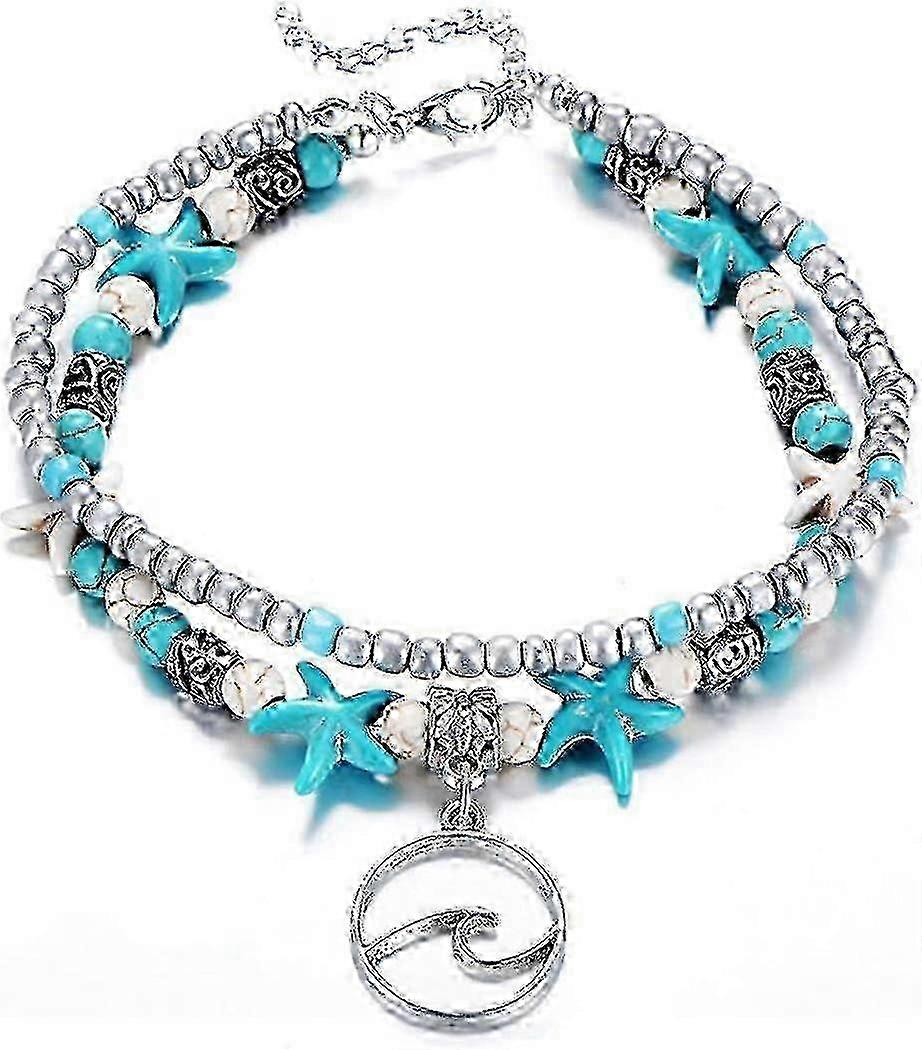 Blue Turtle Anklets for Women & Girls: Multi-Layer Beads Handcrafted Beach Ankle Bracelet with Boho Style Single Siler Wave Design